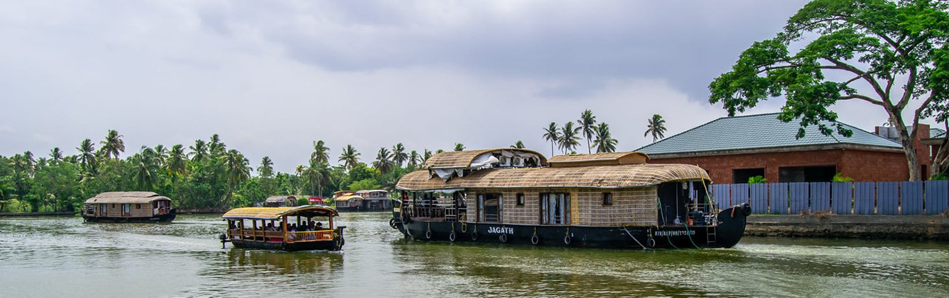 Traditional houseboats cruising the Kerala backwaters